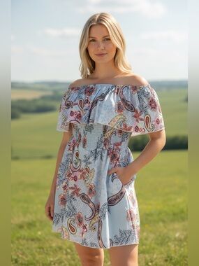The O Boutique Strapless Paisley Floral sheer/silk Dress w/ built in shorts